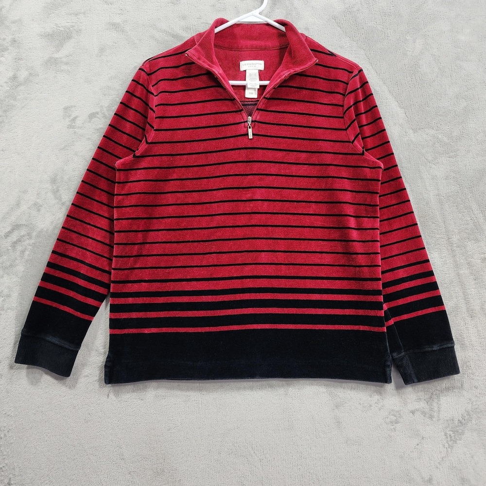 Liz Claiborne Sweater Womens S Red Black Striped Velvet Velour 1/4 Zip Mock Neck